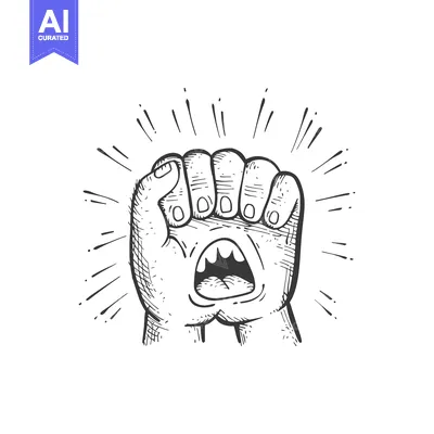 Aset premium populer: Hand with clenched fist and open mouth in a shouting gesture with rays