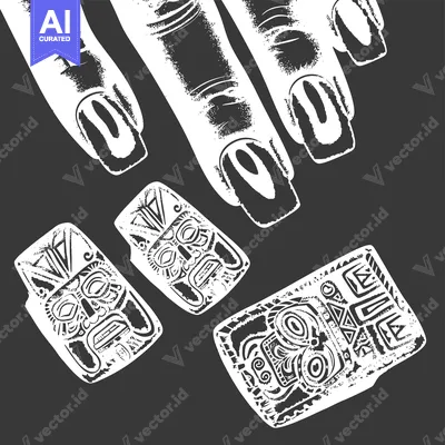 Aset desain premium: Hand with Long Nails Holding Three Ornate Masks