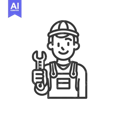 Popular premium asset: Cartoon Mechanic Icon with Wrench and Overalls, Line Art