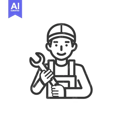 Aset desain premium: Mechanic Icon: Smiling Worker with Wrench, Outline Style