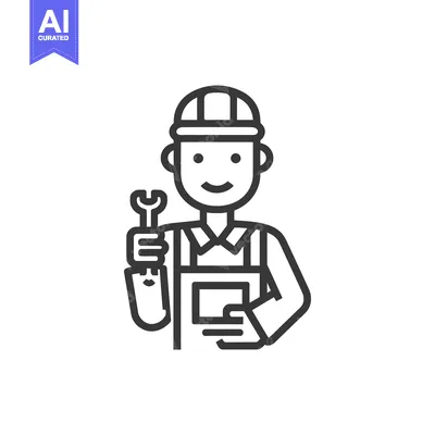 Aset premium populer: Minimalist Line Art: Smiling Mechanic Holding Wrench, Isolated on Whit