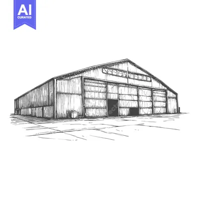 Aset desain premium: Hand Drawn Sketch Of A Large Industrial Hangar