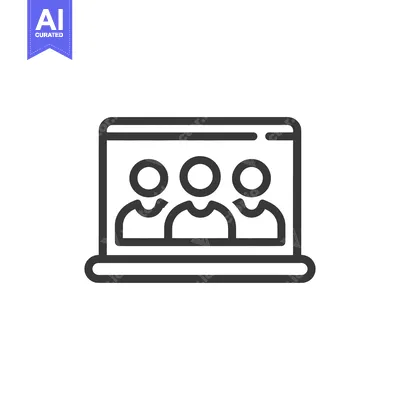 Aset premium populer: Virtual Team Meeting Icon: Three People on Laptop Screen, Outline Styl