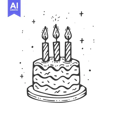 Aset desain premium: A birthday cake with three lit candles illustrated in black lines