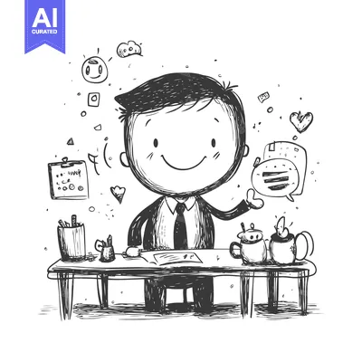 Aset premium populer: Happy Businessman Sitting at Desk with Thoughts and Coffee Mugs