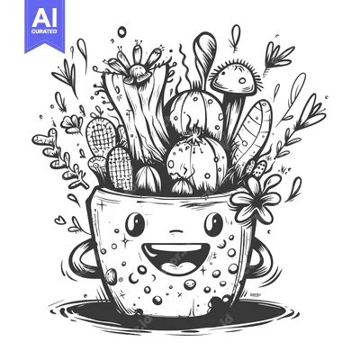 Premium design asset: Happy Cactus Pot with Smiling Face and Decorative Flowers