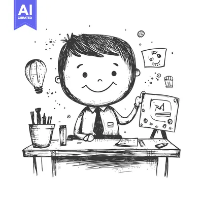 Aset desain premium: Happy Cartoon Man Working at Desk with Light Bulb and Drawing Pad