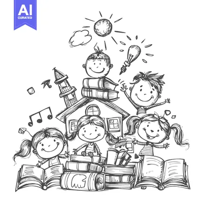 Aset premium populer: Happy Children Surrounded by Books, School, and Music