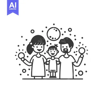 Aset desain premium: Happy Family of Three Holding Sparkly Ornaments