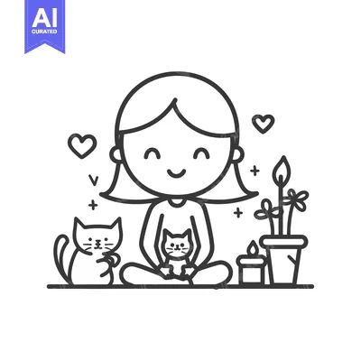 Aset desain premium: Happy Girl Holding a Cat with a Plant and Candle Beside Her