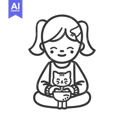Popular premium asset: Happy girl sitting with a cat and a bowl