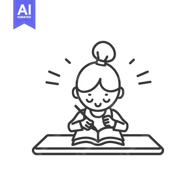Aset desain premium: Happy girl with a bun writing in a notebook