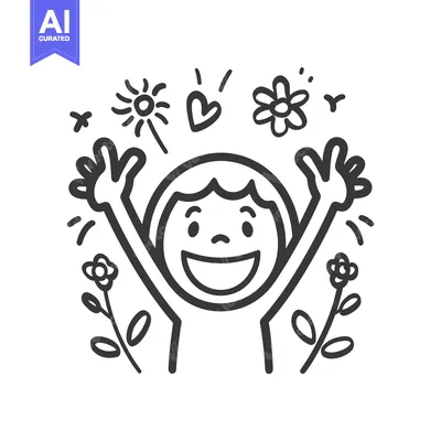 Aset desain premium: A happy child raising hands with flowers and sunshine symbols