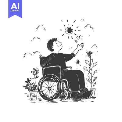 Aset desain premium: Happy Man in Wheelchair Enjoying Sunny Day with Birds and Plants