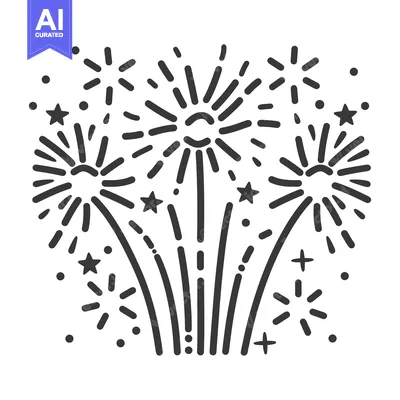 Aset premium populer: A stylized black and white illustration of bursting celebratory firewo