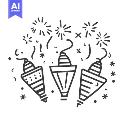 Aset premium populer: Three illustrated party poppers with festive firework elements