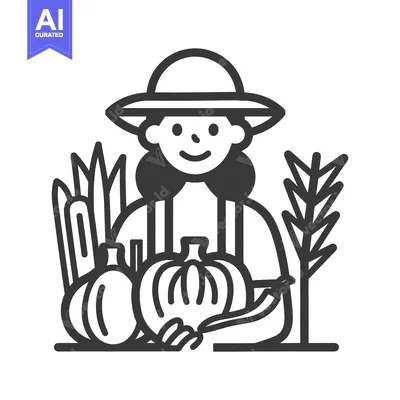 Aset desain premium: A farmer holding pumpkins and crops in a stylized illustration
