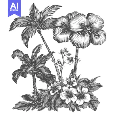 Aset desain premium: Tropical Floral Design Featuring Palm Trees and Flowers