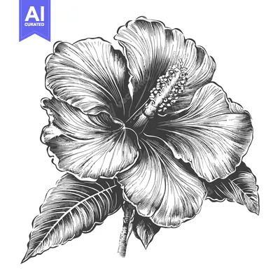 Aset desain premium: Detailed Engraving of a Hibiscus Flower with Leaves