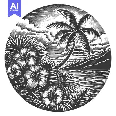Aset desain premium: Tropical Island Paradise Scenic Palm Tree Hibiscus Flowers Ocean