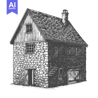 Aset desain premium: Rustic Stone And Wood Farmhouse Building Illustration