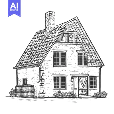 Aset desain premium: A charming brick house with a steeply pitched roof and barrels