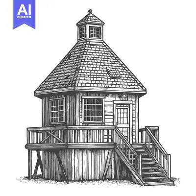 Aset desain premium: Wooden Octagonal Gazebo With Stairs And Roof