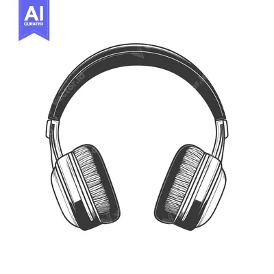 Aset desain premium: Black and white illustration depicts a pair of headphones