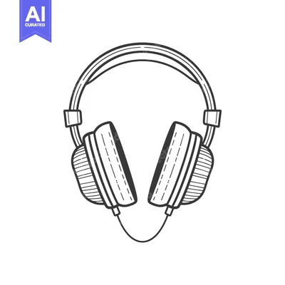 Aset desain premium: A black and white line drawing depicting over ear headphones
