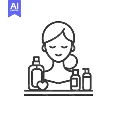 Aset desain premium: Minimalist Beauty Routine Icon: Woman with Skincare Products Outline