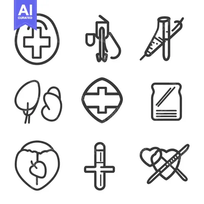 Aset desain premium: Healthcare icons depicting medical tools and human organ illustrations