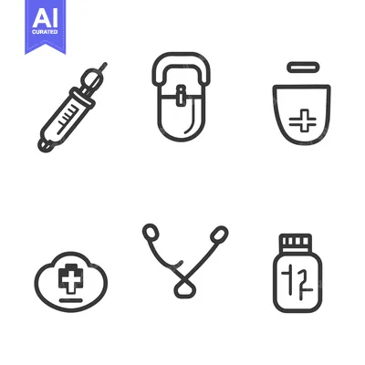 Aset premium populer: Illustrative black and white medical icons represent healthcare items