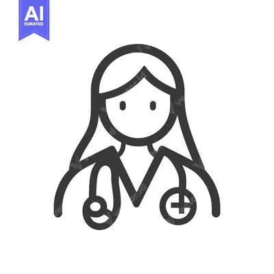 Aset desain premium: A female medical professional icon is depicted in black line art