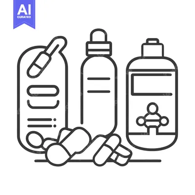 Aset premium populer: Line art illustration depicting different medication and pharmaceutica