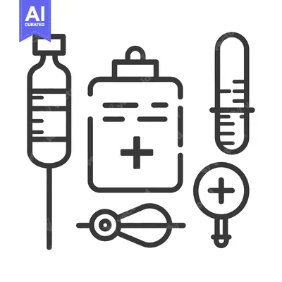 Aset premium populer: Various medical instruments and symbols presented in a linear style