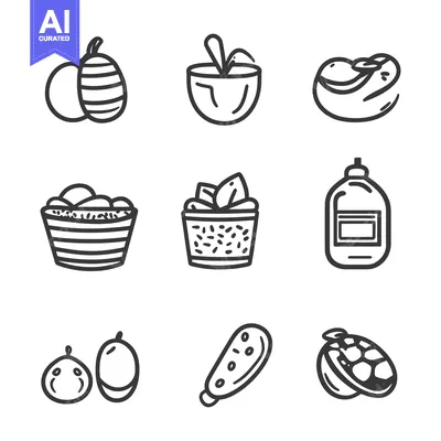 Aset premium populer: Simple black line drawings of various food items are shown