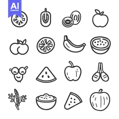 Aset premium populer: A black and white illustration of various fruits and vegetables