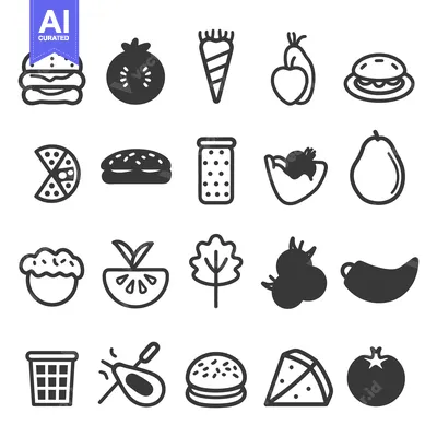 Premium design asset: Black and white icons representing various food and kitchen items