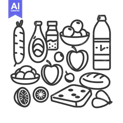 Aset premium populer: Illustrated black and white food items arranged on a surface