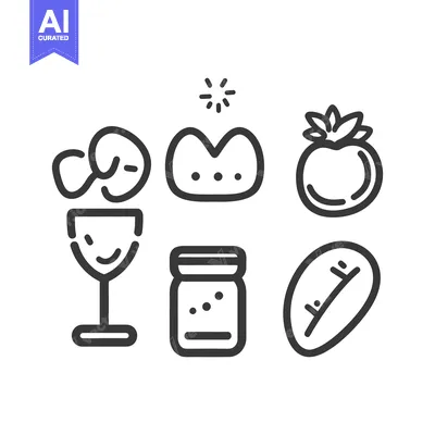Simple line art illustrations of various food and drink items
