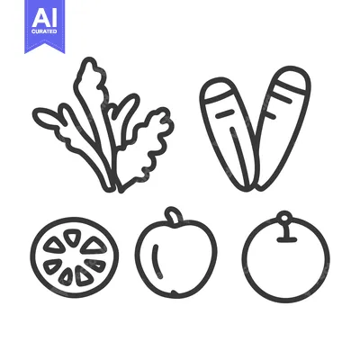 Aset premium populer: Black and white illustrations of fresh vegetables and fruits are prese