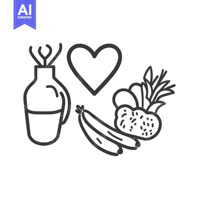 Aset desain premium: Simple line art image featuring vase bananas a heart and food