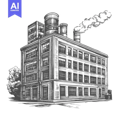 Aset desain premium: Vintage Industrial Building With Smoke Stack