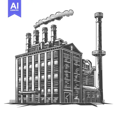 Aset desain premium: Industrial Factory Building With Tall Smoke Stacks