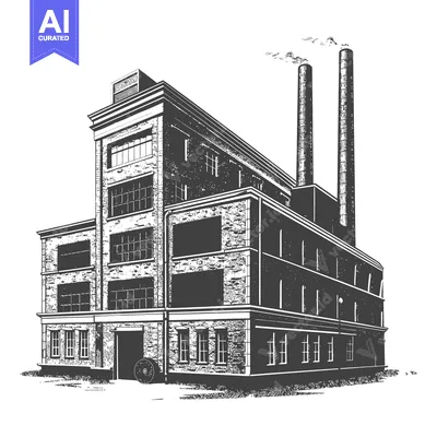 Aset desain premium: Industrial Brick Factory Building With Tall Smokestacks