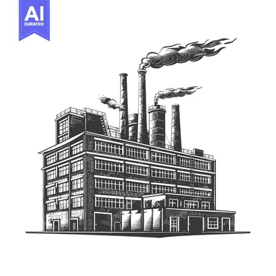 Aset desain premium: Industrial Factory Building With Tall Smoking Stacks