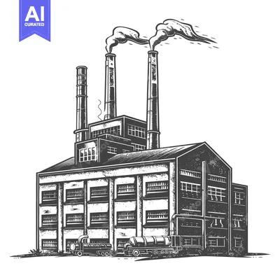 Aset premium populer: Industrial Factory Building with Smoke Stacks and Trucks