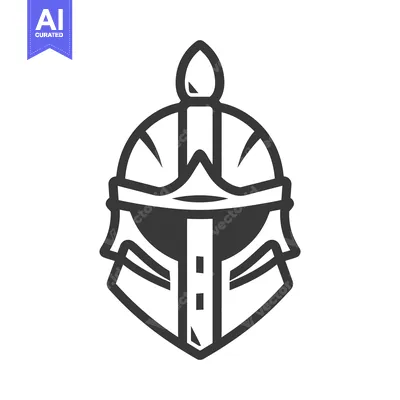 A monochromatic graphic representation of an ancient warrior helmet