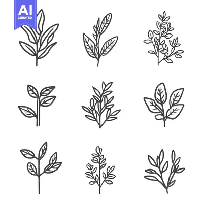 Aset desain premium: Nine different illustrations depicting various plant leaves and branch