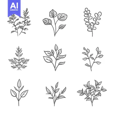 Aset desain premium: Simple botanical illustrations featuring leaves and various plant spri